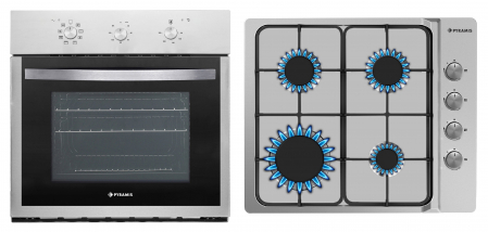 Aragazuri si plite - Set incorporabil Pyramis 1P Elegant, cuptor electric 63L clasa A cu 8 funcții și Grill, plită gaz 4 arzătoare cu grătare emailate, butoane rotative, finisaj inox modern