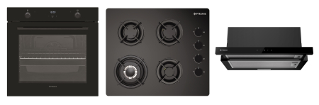 Aragazuri si plite - Set incorporabil Pyramis 30P – cuptor electric 78L, clasa A, 9 moduri, Soft Close, plită gaz 4 arzătoare cu wok și grătare fontă, hotă telescopică inclusă, design sticlă neagră