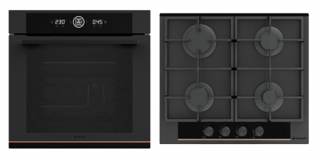 Aragazuri si plite - Set incorporabil Pyramis Duo Copper Line 2082, cuptor electric 72L clasa A, 16 funcții, Soft Close, Rotisor, ghidaje telescopice, plită gaz 4 arzătoare cu grătare fontă, design Full Touch sticlă neagr