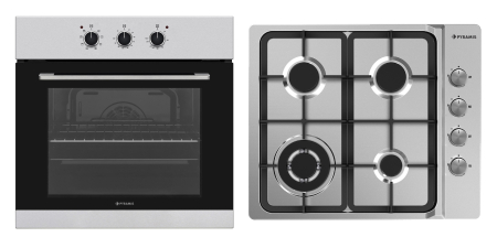 Aragazuri si plite - Set incorporabil Pyramis Megalo Premium Inox 1P – cuptor electric 69L, clasa A, 8 funcții, control cu butoane mari, timer mecanic, ghidaje cromate și plită gaz 4 arzătoare fontă cu wok
