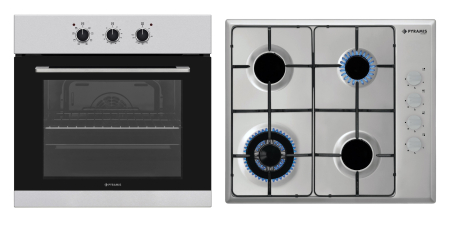 Aragazuri si plite - Set incorporabil Pyramis Megalo Premium Inox 2P – cuptor electric 69L, clasa A, 8 funcții, timer mecanic, butoane mari, ghidaje cromate și plită gaz 4 arzătoare cu wok, grătare emailate, inox