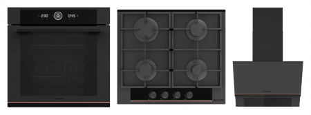 Aragazuri si plite - Set incorporabil Pyramis Trio Copper Line 2082, cuptor electric 72L clasa A, 16 funcții, Soft Close, Rotisor, plită gaz 4 arzătoare cu grătare fontă și hotă decorativă, design sticlă neagră mată