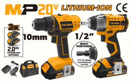 Set masina de gaurit, combinat, cu 2 baterii li-ion 2 ah, 20v, 10mm - 1/2", tolsen [1]