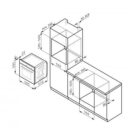 Set Pyramis 16P Bk Ix, cuptor electric incorporabil 73L cu 9 funcții și Soft Close, plită vitroceramică 5 zone de gătit cu buton central, hotă telescopică 573 m³/h, finisaj inox și sticlă neagră [2]