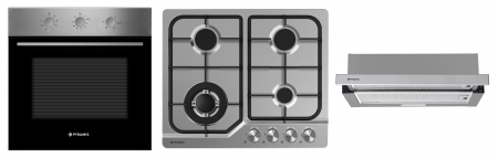 Aragazuri si plite - Set Pyramis 22P Inox, cuptor electric incorporabil 65L cu 8 funcții și Aqua Clean, plită gaz 4 arzătoare cu Wok și grătare fontă, hotă telescopică 328 m³/h, finisaj inox elegant