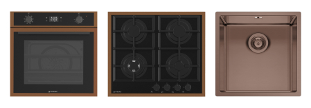 Aragazuri si plite - Set Pyramis 22P PVD Cooper, cuptor electric clasa A 64L, 8 funcții, Soft Close, AirFry, Rotisor, autocurățare catalitică, plită gaz cu wok și grătare fontă, chiuvetă inox, finisaj PVD negru