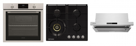 Aragazuri si plite - Set Pyramis 33P Ix Bk, cuptor electric 78L, 10 funcții, plită gaz 4 arzătoare Wok Honey Comb, hotă telescopică 573 m³/h, finisaj inox și sticlă neagră