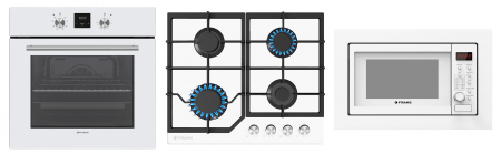 Cuptoare cu microunde - Set Pyramis 39P MWO, cuptor electric incorporabil 69L, 8 funcții, clasa A, plită gaz 4 arzătoare cu grătare fontă, cuptor microunde 900W, finisaj sticlă alb elegant