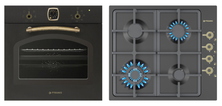 Aragazuri si plite - Set Rustic Pyramis 8071 SQ Anthracite –cuptor electric 6 funcții, clasa A, volum 64L, ceas analog SQ și plită gaz cu wok și grătare fontă, finisaj antichizat anthracite, ideal pentru bucătării rustice