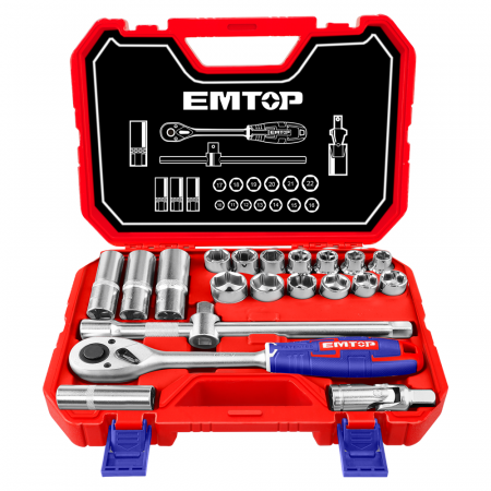 Truse de scule - Set tubulare cu clichet  1/2", 21 componente, cutie de transport - ESKT12211, EMTOP