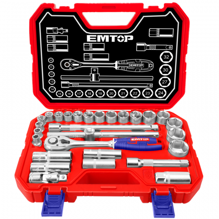 BRICOLAJ - Set tubulare cu clichet 1/2″ 28 buc, cutie de transport - ESKT12281, EMTOP