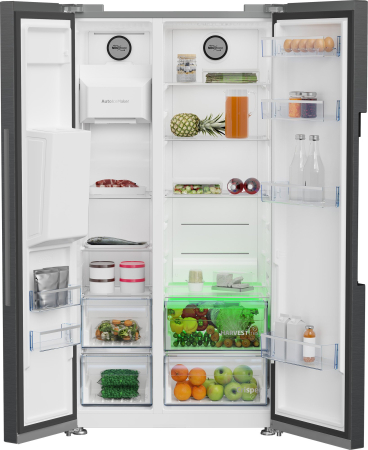Side by side Beko GN162340XBRN, 571 l, Clasa E, NeoFrost Dual Cooling, HarvestFresh, Ice fall, Water dispenser, Compresor inverter, Display touch control, H 179 cm, Dark Inox [4]