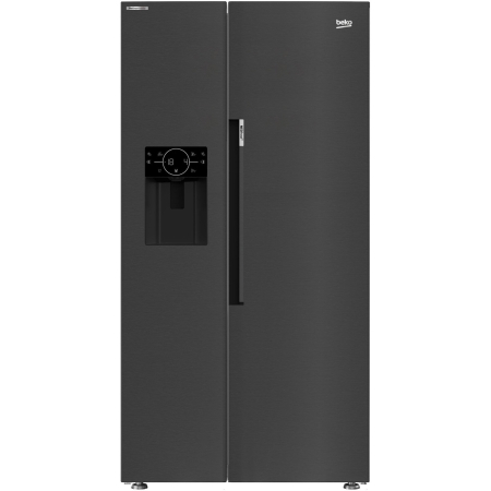 Aparate frigorifice - Side by side Beko GN162340XBRN, 571 l, Clasa E, NeoFrost Dual Cooling, HarvestFresh, Ice fall, Water dispenser, Compresor inverter, Display touch control, H 179 cm, Dark Inox