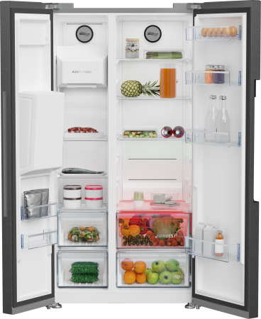 Side by side Beko GN162340XBRN, 571 l, Clasa E, NeoFrost Dual Cooling, HarvestFresh, Ice fall, Water dispenser, Compresor inverter, Display touch control, H 179 cm, Dark Inox [3]