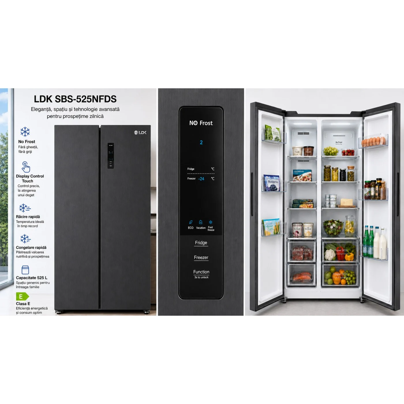 Side by Side LDK SBS-525NFDS, Clasa E, Capacitate 525 l, No Frost, Display Control Touch, Racire rapida, Congelare rapida, H 176 cm, Dark Inox [6]