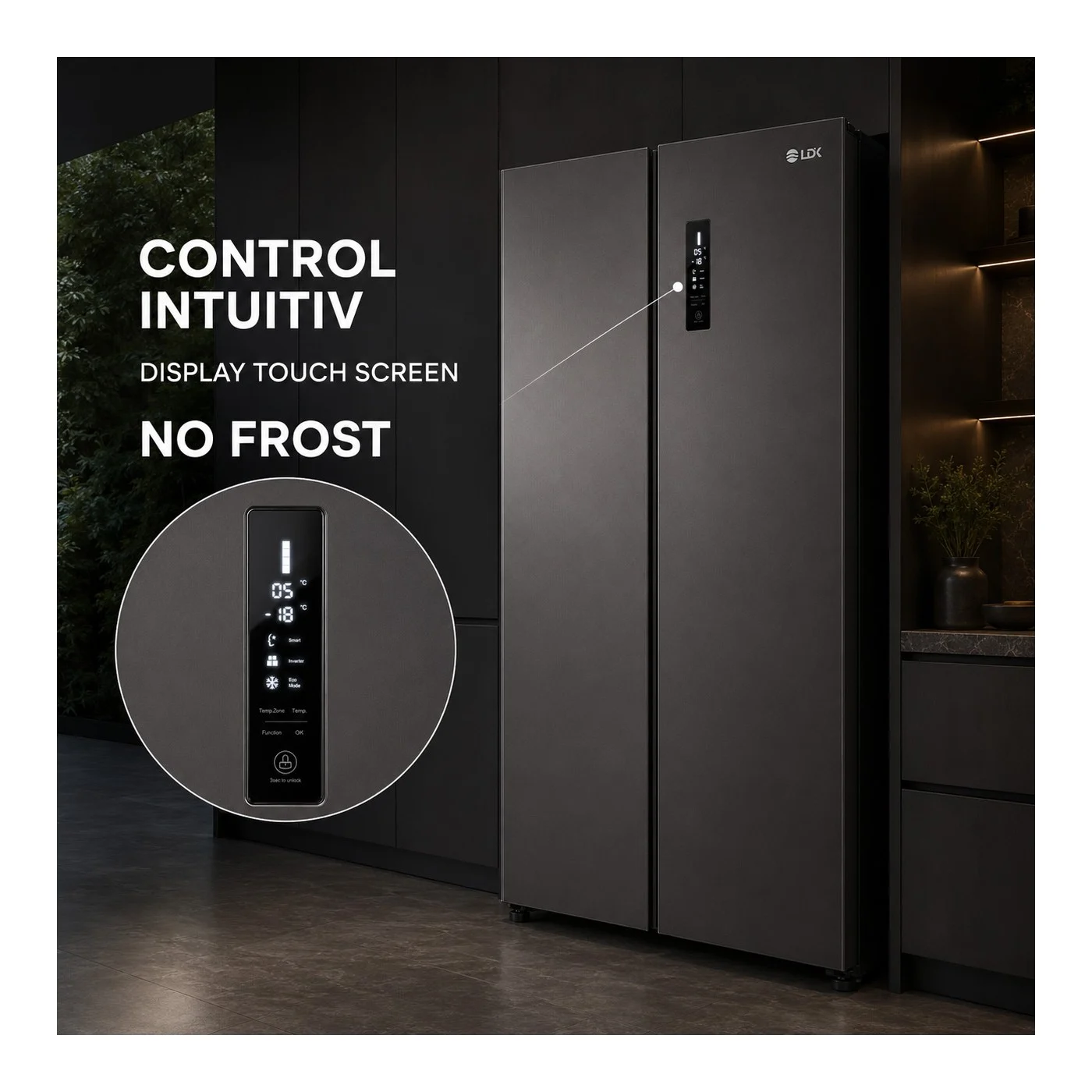 Side by Side LDK SBS-622NFDS, Clasa E, Capacitate 622 l, No Frost, Display Control Touch, Racire rapida, Congelare rapida, H 181 cm, Dark Inox [10]