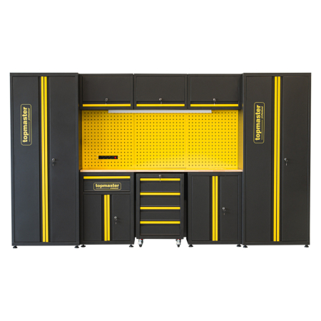 Sistem Modular Atelier TOP MASTER PRO, 3300 mm, 2 Dulapuri Înalte, 2 Dulapuri Inferioare, 3 Dulapuri Superioare, Dulap Mobil cu 7 Sertare, Blat Lemn Masiv 25 mm [1]