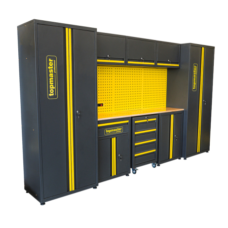 BRICOLAJ - Sistem Modular Atelier TOP MASTER PRO, 3300 mm, 2 Dulapuri Înalte, 2 Dulapuri Inferioare, 3 Dulapuri Superioare, Dulap Mobil cu 7 Sertare, Blat Lemn Masiv 25 mm