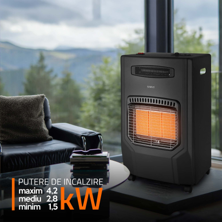 Soba pe gaz cu ventilator Samus RS425H, Aprindere piezoelectrica, 3 trepte putere 1.5–4.2 kW, Senzor ODS, Roti transport [1]