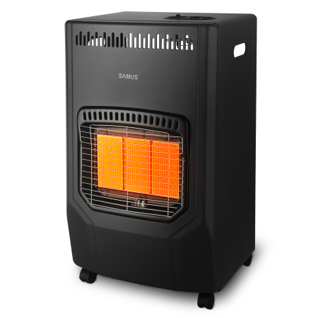 Soba pe gaz Samus RS423, Aprindere piezoelectrica, 3 trepte putere 1.5–4.2 kW, Senzor O2, Comutator anti-rasturnare, Roti transport [1]