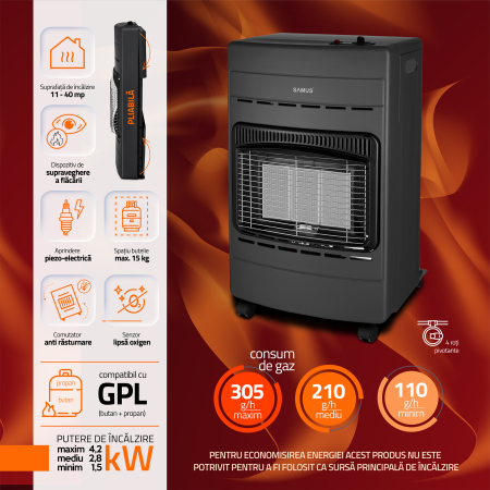 Soba pe gaz Samus RS424P, Aprindere piezoelectrica, 3 trepte putere 1.5–4.2 kW, Senzor O2, Anti-rasturnare, Roti transport [4]