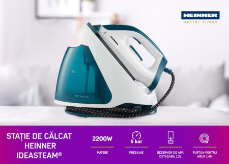 Statie de calcat HEINNER IdeaSteam HIS-D2005WB, 2200W, 5 BAR, Rezervor 1.2L, Debit abur 50±10 g/min, Alb/Albastru [4]