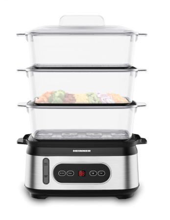 Ustensile de gatit - Aparat de Gătit cu Aburi Heinner OneSteam HSA-D950SS, 950 W, Capacitate 9 L, 3 Vase, Rezervor Apă 1,5 L, Display LED, Control Digital, Timer 60 Min, Protecție Funcționare Fără Apă