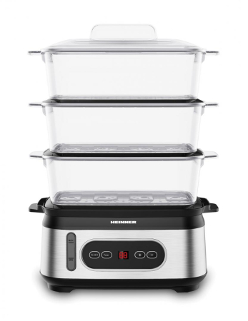 Aparat de Gătit cu Aburi Heinner OneSteam HSA-D950SS, 950 W, Capacitate 9 L, 3 Vase, Rezervor Apă 1,5 L, Display LED, Control Digital, Timer 60 Min, Protecție Funcționare Fără Apă [1]