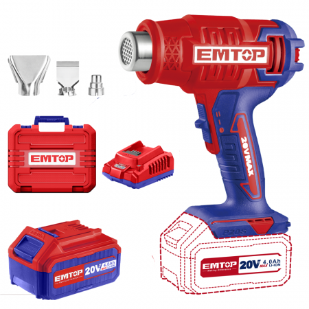 Suflante cu aer cald - Suflanta aer cald EMTOP EHGN200215, 20V, 4.0Ah, 300/550°C, 3 duze incluse, cutie transport