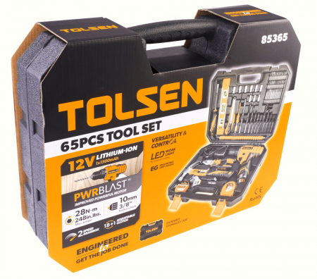 Trusa de scule completa cu 65 piese, bormasina 12V + tubulare, ciocan dulgher, Tolsen [1]