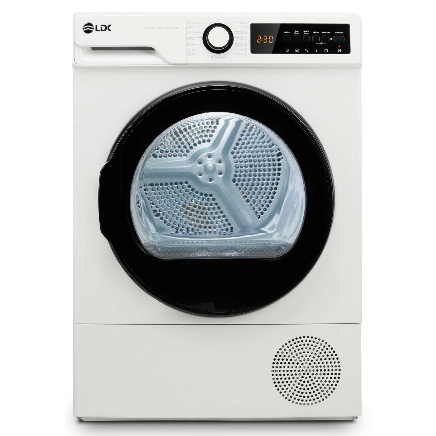 Electronice & Electrocasnice - Uscator de rufe cu pompa de caldura LDK Higeea 7DPW, Slim, Capacitate 7 Kg, 15 programe, Antisifonare, Selectare nivel uscare, Selectare durata uscare, Alb