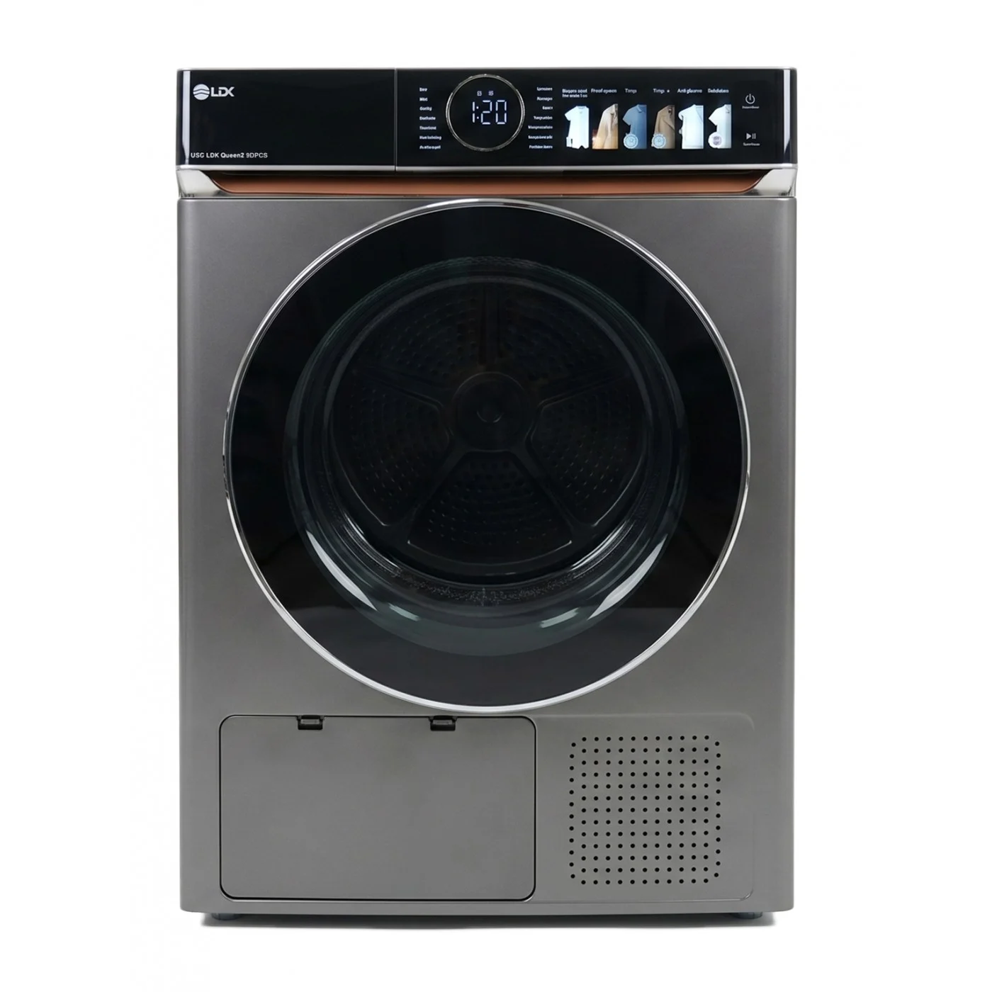 Electronice & Electrocasnice - Uscator de rufe cu pompa de caldura LDK QUEEN2 9DPCS, Clasa E, Capacitate 9 Kg, 14 programe, Calcare usoara, Selectare nivel uscare, Suport uscare incaltaminte, Argintiu