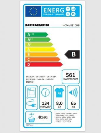 Uscator de rufe Heinner HCD-V8T1CHB, 8 kg, 15 programe, Clasa B, Display LED, Lumina cuva, Indicator curatare filtru scame, Blocare acces copii, Alb [3]