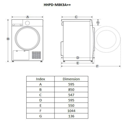 Uscator de rufe Heinner HHPD-M8K3A++, Pompa de caldura, 8 kg, 14 programe, Clasa A++, Display LED, Purebeam+, Iluminat cuva, Usa reversibila, Indicator curatare filtru scame, Indicator rezervor colec [1]