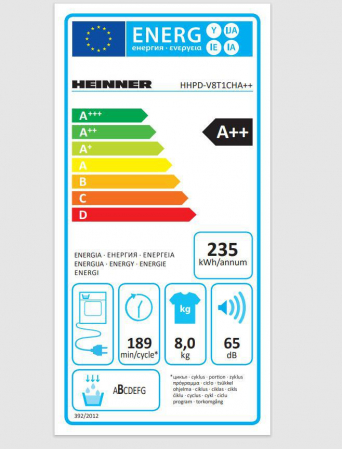 Uscator de rufe Heinner HHPD-V8T1CHA++, Pompa de caldura, 8 kg, 15 programe, Clasa A++, Display LED, Lumina cuva, Indicator curatare filtru scame, Alb [1]