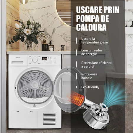 Uscător de rufe Samus SGDP‑824, 8 kg, pompă de căldură, 16 programe (Blugi, Lenjerie, Sport), display electronic, clasa E [9]