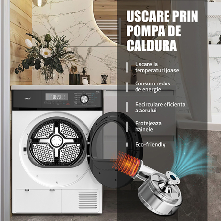 Uscator de rufe Samus SWDP-816, 8 kg, pompa de caldură, 16 programe, afișaj electronic, funcție anti-sifonare, clasa E, alb [7]
