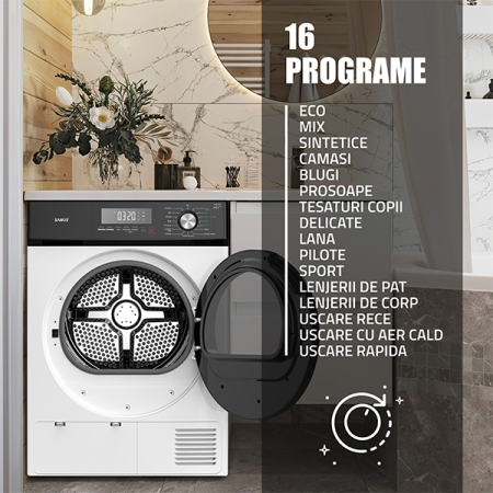Uscator de rufe Samus SWDP-816, 8 kg, pompa de caldură, 16 programe, afișaj electronic, funcție anti-sifonare, clasa E, alb [9]
