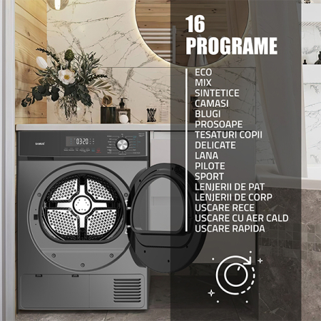 Uscator de rufe Samus SWDP-817DS, 8 kg, pompa de caldură, 16 programe, afișaj electronic, funcție anti-sifonare, clasa E, gri închis [7]