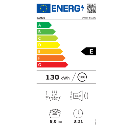 Uscator de rufe Samus SWDP-817DS, 8 kg, pompa de caldură, 16 programe, afișaj electronic, funcție anti-sifonare, clasa E, gri închis [20]