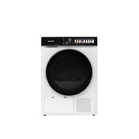 Marelvi - Uscator rufe Daewoo, 9 kg, pompa de caldura, clasa E, butoane touch, panou de control negru cu pictograme mari colorate, usa dubla neagra cu inel cromat, culoare Alb