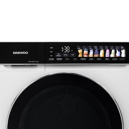 Uscator rufe Daewoo, 9 kg, pompa de caldura, clasa E, butoane touch, panou de control negru cu pictograme mari colorate, usa dubla neagra cu inel cromat, culoare Alb [4]