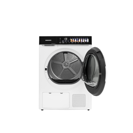 Uscator rufe Daewoo, 9 kg, pompa de caldura, clasa E, butoane touch, panou de control negru cu pictograme mari colorate, usa dubla neagra cu inel cromat, culoare Alb [1]