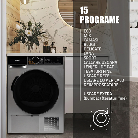 Uscator de rufe Samus SADP 836DS, Pompa Caldura, 8 kg, 15 Programe, Afisaj Electronic, Igienizare UV, Gri Inchis [7]