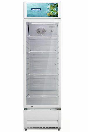 Vitrine frigorifice - Vitrină Frigorifică Heinner HSC-M265WHB, 265 L, Capacitate 306 Sticle, Răcire cu Ventilator, 4 Rafturi, Ușă din Sticlă cu Încuietoare, Iluminare LED, Casetă Luminoasă, Termostat Reglabil, Clasa B, Alb
