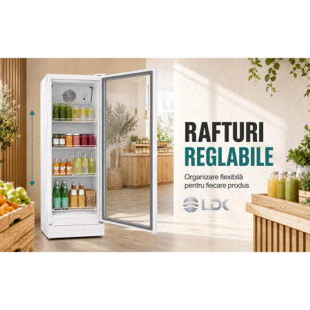 Vitrina frigorifica LDK VF300W, Clasa B, Capacitate 300 l, Termostat reglabil, Rafturi reglabile, Iluminare LED, H 169 cm, Alb [5]