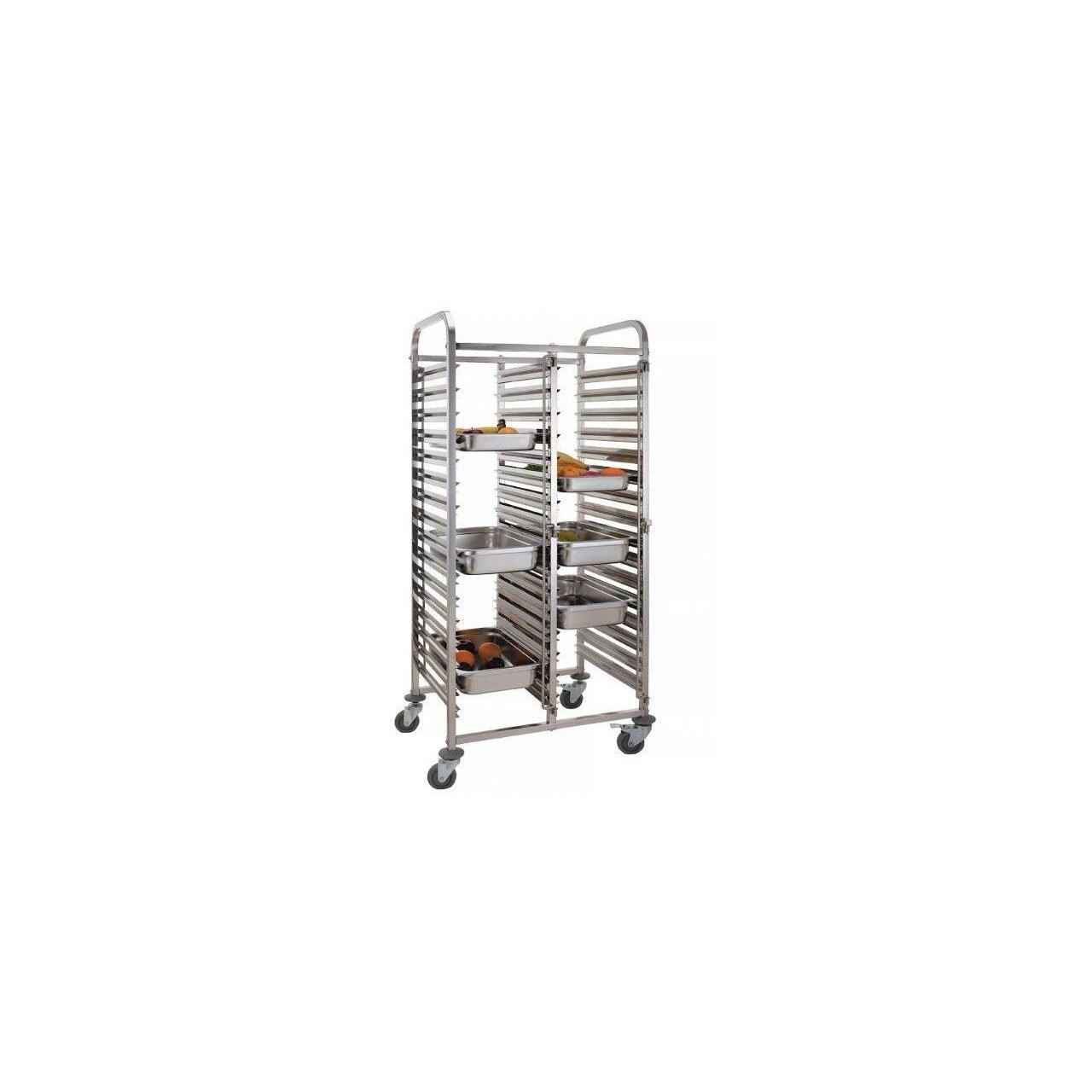 Carucior pentru debarasare tavi, cu roti, capacitate dubla 2 x 15 tavi GN 1 1 (530x325 mm), Hendi, compact, din inox, 550x740x1735 mm