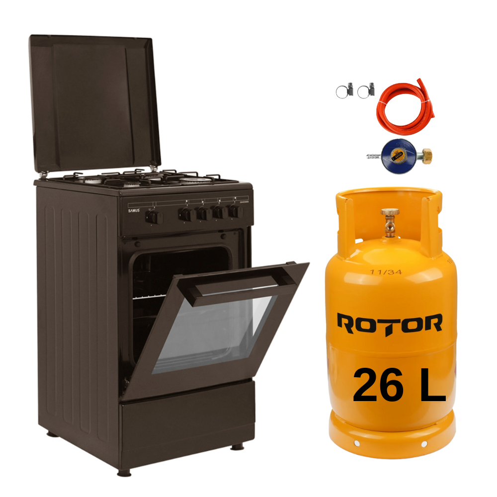 Pachet Aragaz Samus SM450MBS, 4 arzatoare, cuptor pe gaz 49L, siguranta plita + cuptor, geam dublu, maro, 50x50 cm + Butelie GPL 26L, Ceas Regulator,
