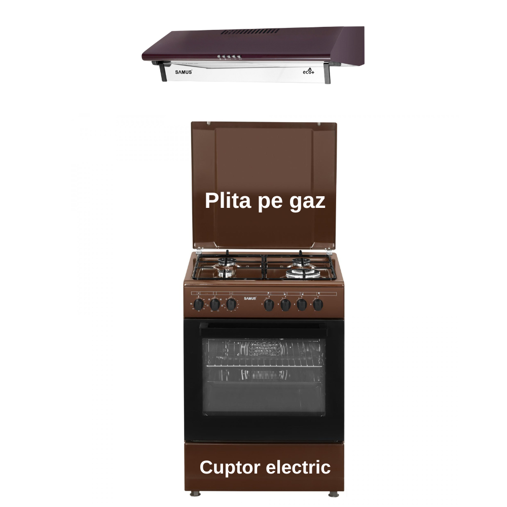 Pachet - Aragaz Samus SM662AENS, 4 arzatoare pe gaz, cuptor electric, 7 functii, grill, timer mecanic+ Hota clasica Samus SM62M Eco+, 2 motoare, 94 W,