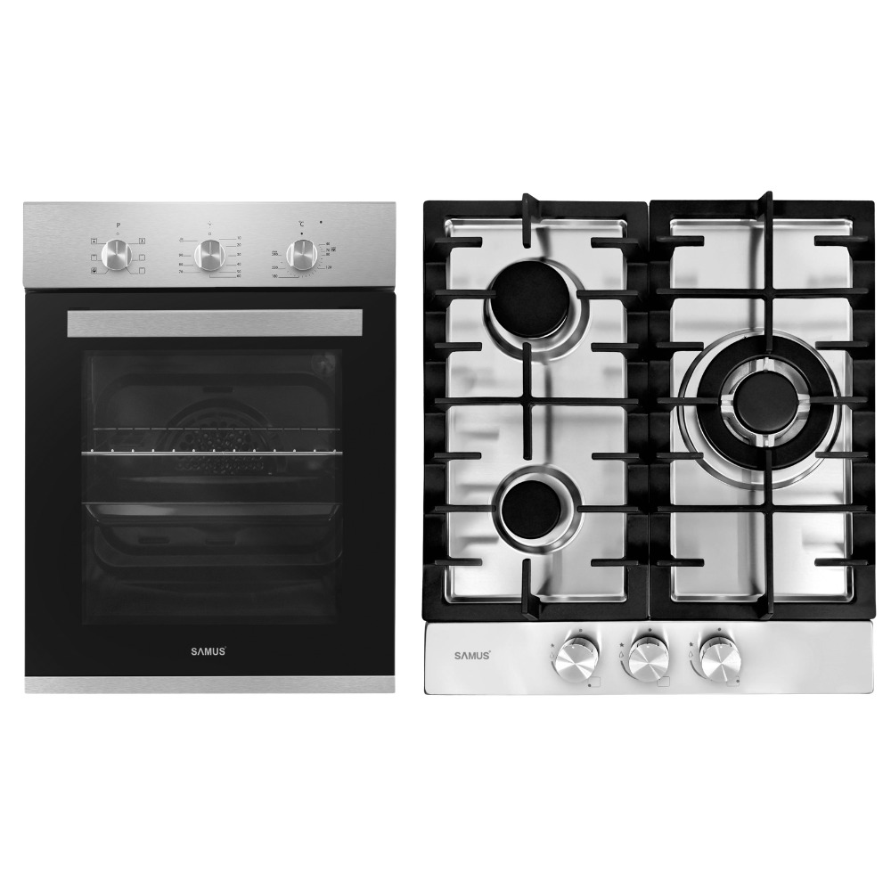 Viața la Țară Pachet Bucatarie Samus: Cuptor Incorporabil SC456GTXV 43L, 6 Functii, Grill, Timer + Plita Incorporabila PSG-43SX1, 3 Arzatoare Gaz, Inox